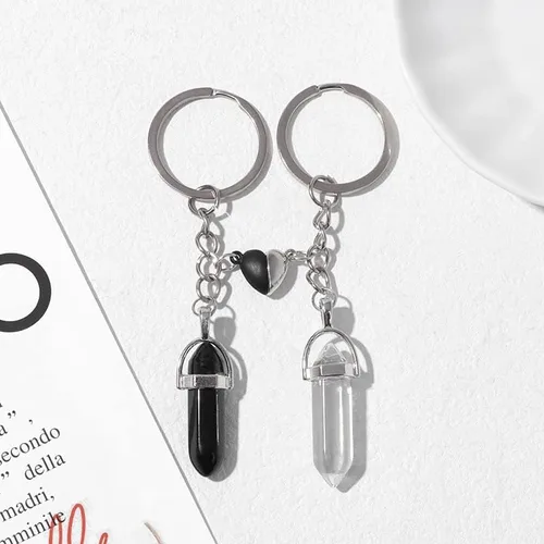 Vista 5 de Juego de 2 llaveros de piedra natural, colgante de cristal hexagonal de ojo de tigre para mujeres y hombres, decoración de automóvil