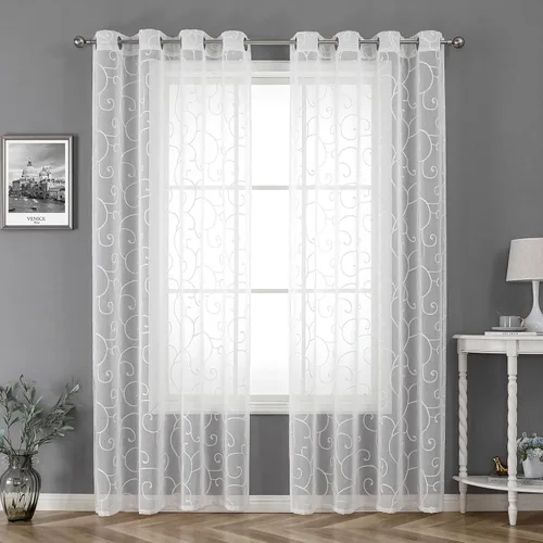 Vista 6 de BGment - Cortinas traslúcidas blancas de 84 pulgadas de largo para sala de estar, 2 paneles, con patrón de enredadera bordada, textura de lino