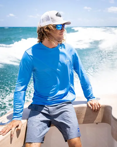 Vista 2 de Guy Harvey Camisa de manga larga para hombres con protección solar de rendimiento SPF UPF 50+ Azul celeste