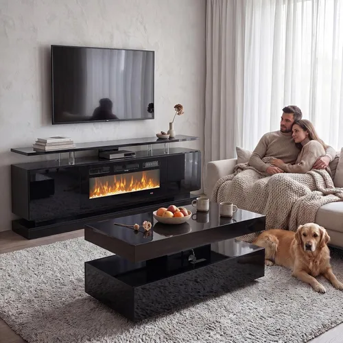 Vista 23 de 2 Piece Modern Table Set Includes 70" Fireplace TV Stand & 47" Coffee Table with Charging Station and USB Ports, for Living Room, Black