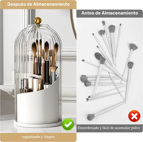 Vista 3 de Organizador de brochas de maquillaje con tapa transparente con apertura deslizante giratoria de 360 grados a prueba de polvo para tocador, 1 unidad