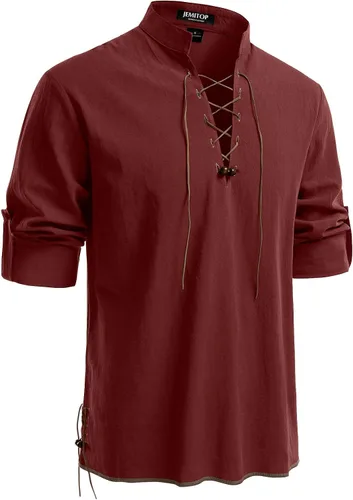 Vista 7 de JEMITOP Men's Pure Cotton Renaissance Lace Up Shirt Verde militar