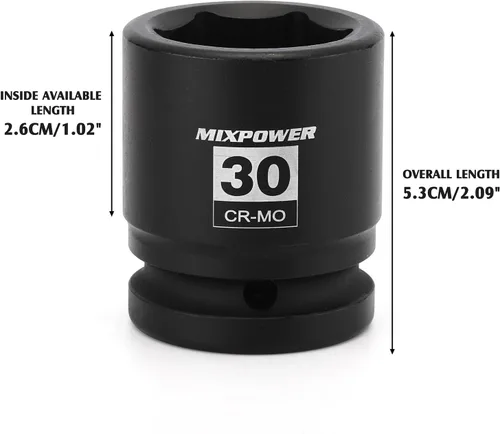 Vista 5 de MIXPOWER Zócalo de impacto poco profundo de 3/4", 1.181 in, CR-MO, métrico, 6 puntos, tuerca de eje de grado de impacto para una fácil extracción