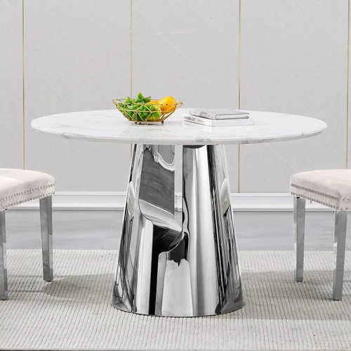 Vista 19 de SSLine Mesa de comedor redonda de mármol sintético blanco para 4-6, mesa de Mesa de oro blanco