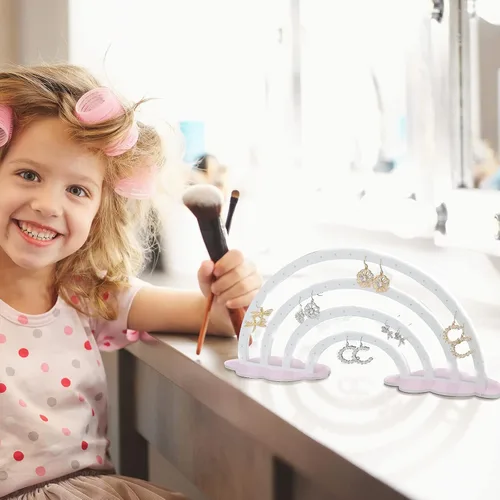 Vista 6 de Soporte para aretes de acrílico, diseño de arco iris, con base de 74 agujeros, soporte para pendientes para mujer (blanco)