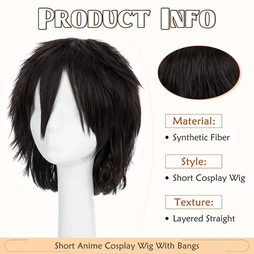 Vista 4 de Peluca de pelo completo unisex suave abultada lisa para cosplay, disfraz de anime, Café Oscuro