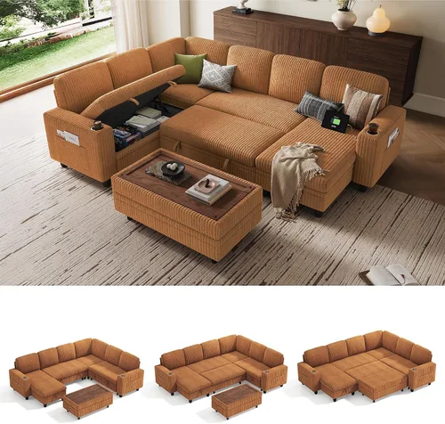 Vista 28 de LINSY HOME Sofá cama seccional con sofá cama extraíble para sala de estar (azul) Plush Corduroy
