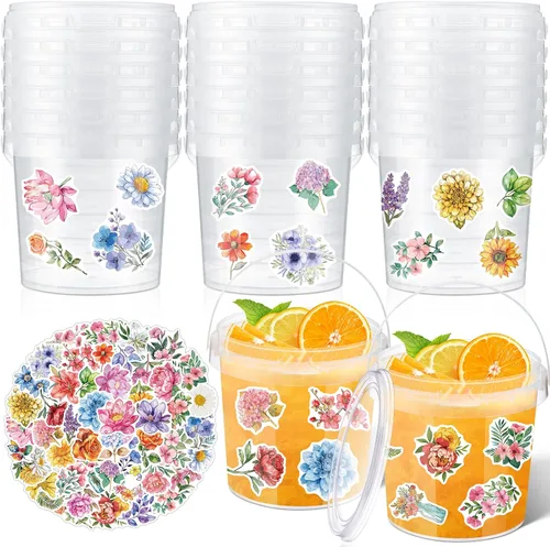 Vista 14 de PerKoop 20 cubos de helado de 32 onzas con tapas y asas, cubos transparentes de ron de cóctel con calcomanías, tina transparente de plástico