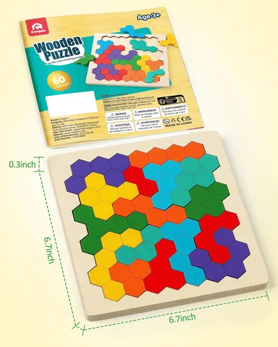 Vista 6 de Coogam - Rompecabezas de madera Tangram, rompecabezas de forma y color 3D, juego de lógica y coeficiente intelectual geométrico, bloques Montessori