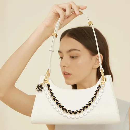 Vista 2 de 2 piezas de cadenas extensoras para bolsos de metal negro con perlas, dobles extensores de correa para bolsos, para bolsos de mano y bandolera