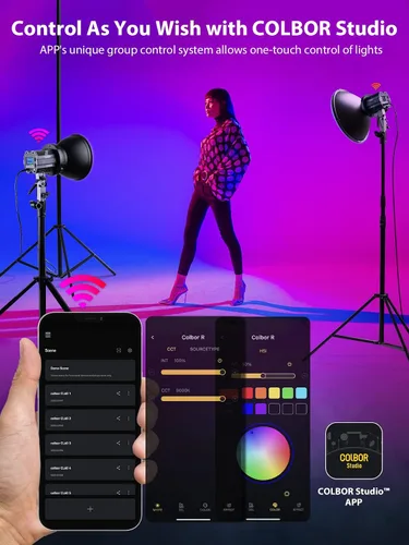 Vista 7 de COLBOR CL60R Luz de video RGB de 65 W, 2700 ~ 6500 K, iluminación de salida continua, 13 efectos de luz con montaje Bowens, control de aplicación