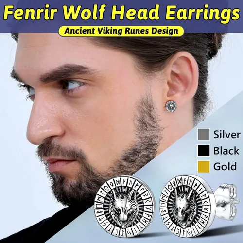 Vista 2 de FaithHeart Aretes de tuerca vikingos nórdicos para hombres y mujeres, de acero inoxidable, con diseño de valknutbrújulanudo celtacabeza de lobo