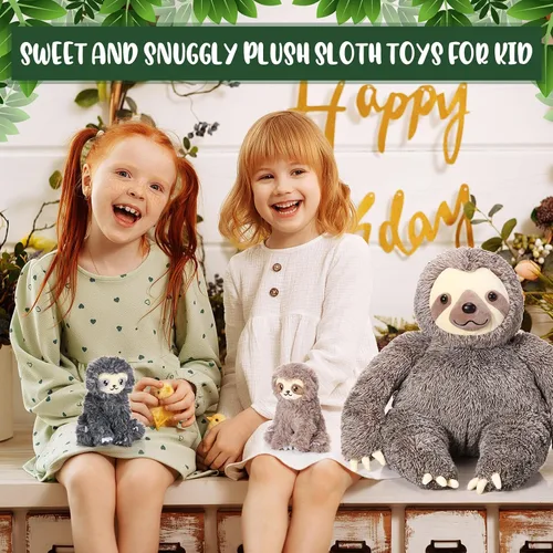 Vista 7 de Kasyat Juego de 5 piezas de animales de peluche de perezoso grande de 13 pulgadas, juguete de peluche con 4 bebés, peluches suaves para niños