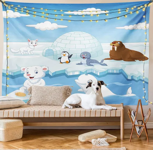 Vista 8 de Ambesonne Tapiz de animales tamaño King, imagen de animales árticos, osos polares, foca, pingüinos, lobos, ballenas, obra de arte, colcha