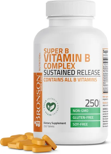 Vista 9 de Bronson Complejo de vitamina B Super B de liberación lenta sostenida (vitamina B1, B2, B3, B6, B9 - ácido fólico, B12) contiene todas las vitaminas