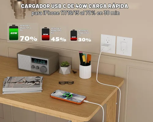 Vista 2 de Apple - Cargador rápido para iPhone 17 16 15 Pro Max, paquete de 2
