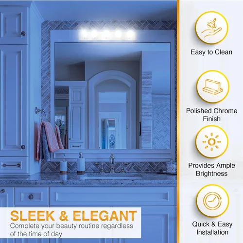 Vista 3 de Lighting Five Light Vanity Strip - Lámpara de espejo estilo Hollywood con placas cromadas, accesorios de grado de salón para dormitorio, baño
