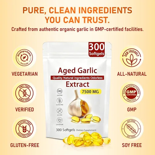 Vista 6 de Extracto de ajo envejecido, 7500 mg inodoro por porción, potente suplemento antioxidante, apoyo inmunológico, vegetariano, totalmente natural, sin