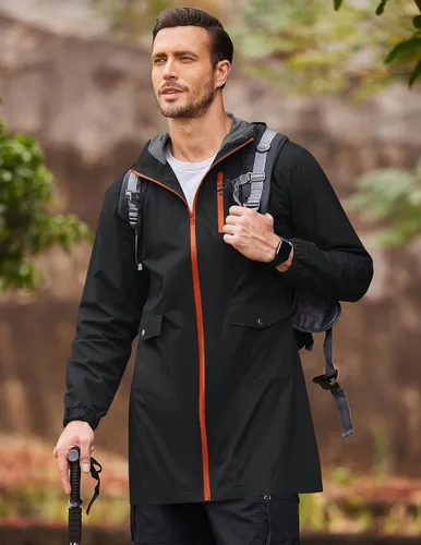 Vista 39 de COOFANDY Chubasquero largo para hombre, chaqueta impermeable para exteriores, con capucha
