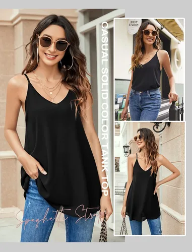Vista 3 de SUNAELIA Camisola de gasa con cuello en V para mujer, ajuste holgado, con tirantes delgados, camisola de verano casual sin mangas