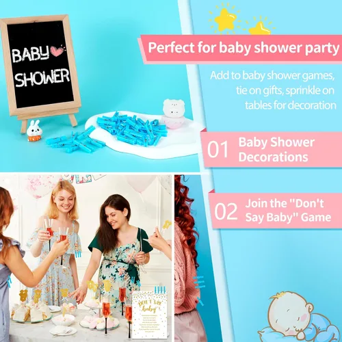 Vista 6 de 50 alfileres azules para juego de baby shower, mini pinzas de plástico premium de 1.4 pulgadas, mini alfileres de ropa reutilizables para fotos