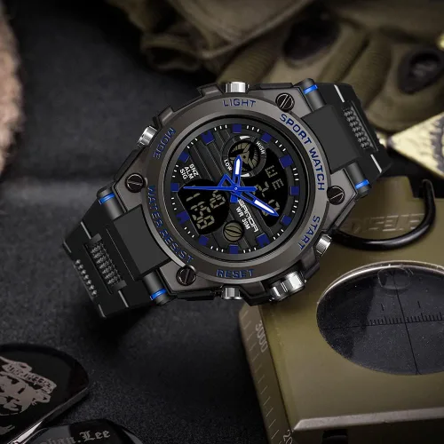 Vista 7 de BOSHIYA Reloj militar para hombre, resistente al agua, con alarma de fecha, cronómetro, multifunción, táctico, LED, esfera grande