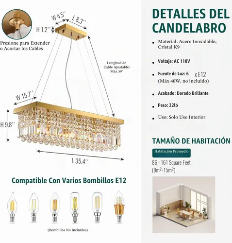 Vista 9 de Siljoy Candelabro de Cristal Moderno de 6 Luces Rectangular Dorado K9 Candelabro de Cristal en Forma de Gota de Lluvia para Comedor, Lámpara