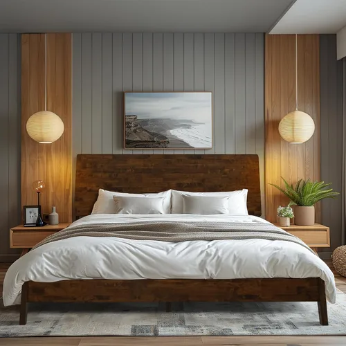 Vista 10 de Acacia Serenity - Base de cama con cabecero de madera maciza, base de cama Queen, cabecera alta de madera compatible con todo tipo de colchones,