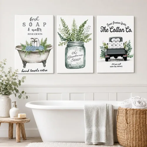 Vista 9 de KVTM 3 piezas de arte de pared de baño de granja, diseño de jabón fresco y bañera de agua, impresiones rústicas de flores en lienzo, arte estético