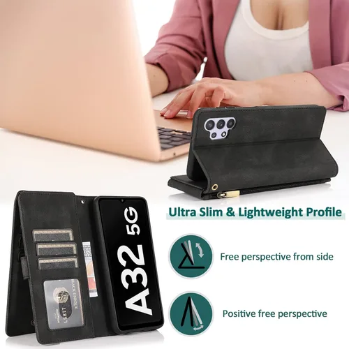 Vista 3 de Funda compatible con Samsung Galaxy A32 5G de 6.5 pulgadas, protector de pantalla de vidrio templado, funda de piel con tapa, tarjetero y soporte