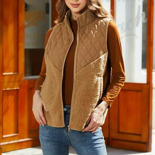 Vista 2 de Vipwest Chaleco sherpa de forro polar mullido para mujer, para otoño e invierno, con cuello alto, ligero, sin mangas, (S-5XL)