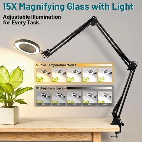 Vista 3 de 15X Magnifying Glass with Light and Clamp, 84 LED Hands-Free Lighted Magnifying Glass with Clamp, 3-Section Arm 5 Color Modes Dimming LED Desk