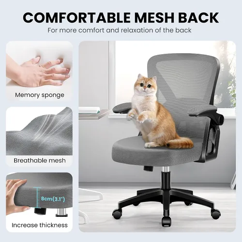 Vista 4 de Silla de oficina, sillas ergonómicas de escritorio para computadora, cómoda silla de malla transpirable con soporte lumbar ajustable y brazos Gris