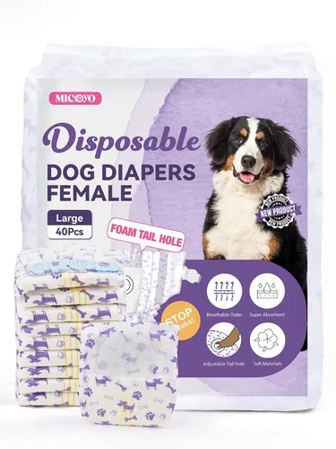 Vista 9 de MICOOYO Pañales Desechables para Perras, Pañales para Perras, Pañal para Mascotas Súper Absorbente con Agujero de Cola de Espuma para el Celo, Pañal