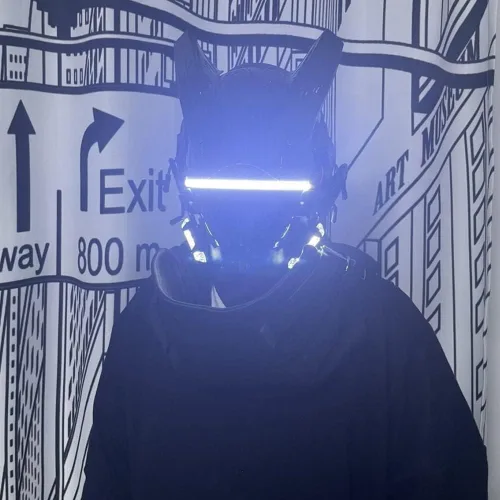 Vista 3 de Tira de luz LED blanca, máscara punk para hombre, máscara punk techwear, samurái, caballero, cosplay, casco futurista, máscara punk futurista