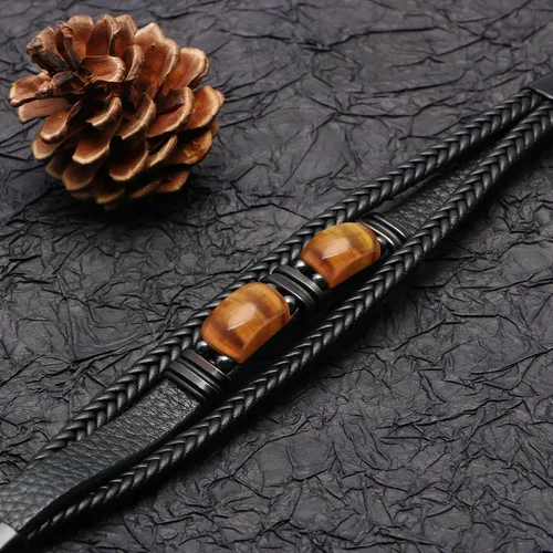 Vista 4 de Pulseras de cuero de ojo de tigre para hijo, marido, nieto, novio a mi hombre, joyería para hermano papá, 7.58.59 pulgadas