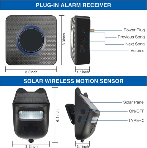 Vista 4 de Alarma solar inalámbrica para entrada de vehículos resistente a la intemperie, sensor de movimiento, timbre de timbre, sistema de alerta
