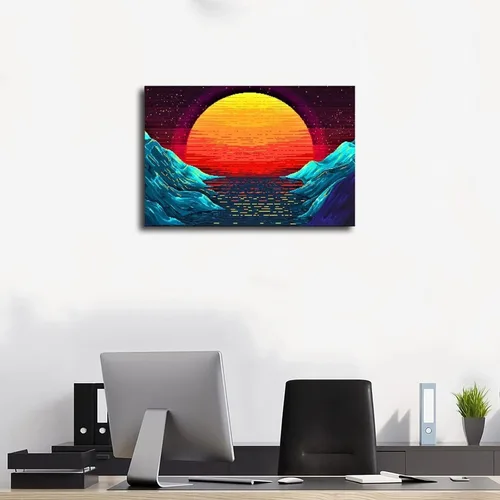 Vista 3 de Original Retro Wave at Sunset Painting Art on Canvas, Magical Sun Printing Canvas Sets, Pixeles Graphics Canvas Wall Art Print Poster For Home