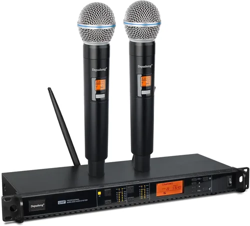 Vista 2 de Depusheng Sistema de micrófonos inalámbricos con 2 canales, micrófono inalámbrico de mano Inalambrico, rango UHF de 200 pies, micrófonos