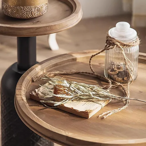Vista 4 de Mesa auxiliar redonda de granja con base de metal, mesas de té laterales rústicas únicas con parte superior de madera, mesa auxiliar bohemia