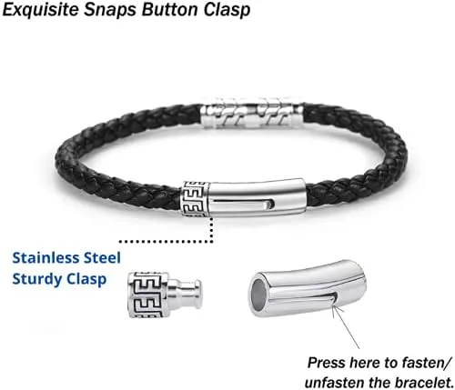 Vista 6 de Carleen Destination - Pulsera de cuero genuino de plata de ley 925 para hombre, cuerda trenzada con dije de energía, cierre de botón de bloqueo, 7.5