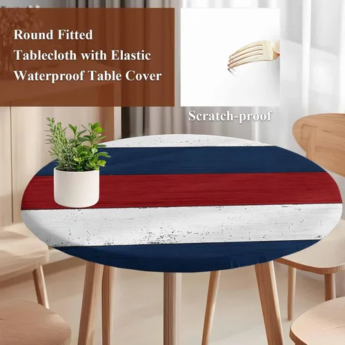Vista 5 de Mantel redondo ajustable azul marino, rojo y blanco con borde elástico, mantel para exteriores, impermeable, a rayas, de madera de granja
