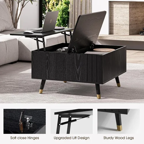 Vista 4 de Mesa de centro elevable con almacenamiento, mesa central negra de 32 pulgadas para sala de estar, mesa de comedor cuadrada con patas de madera maciza