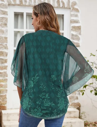Vista 4 de Cucuchy - Blusas de manga 34 con volantes y cuello en V para mujer, blusas de malla elástica, túnica de doble capa