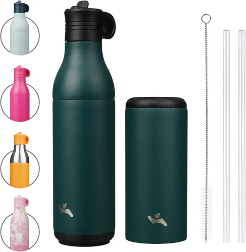 Vista 22 de Konokyo Botella de agua de acero inoxidable de 13 onzas con pajilla, aislada, botella de viaje de metal reutilizable con parte inferior extraíble