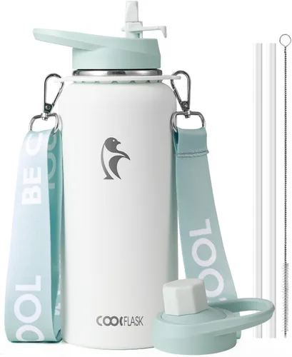 Vista 31 de Botella de agua Coolflask de 40 onzas con correa, botella de agua metálica aislada con popote y tapas con pico, acero inoxidable de doble pared al