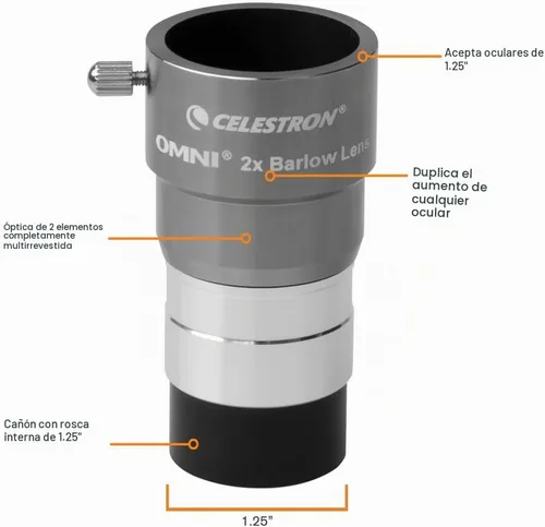 Vista 2 de Celestron 93326 Lente Barlow Omni, plateado, 2 x 1,25 pulgadas Doubles Eyepiece Magnification, Fully Multi-Coated Optics, Precision Machined