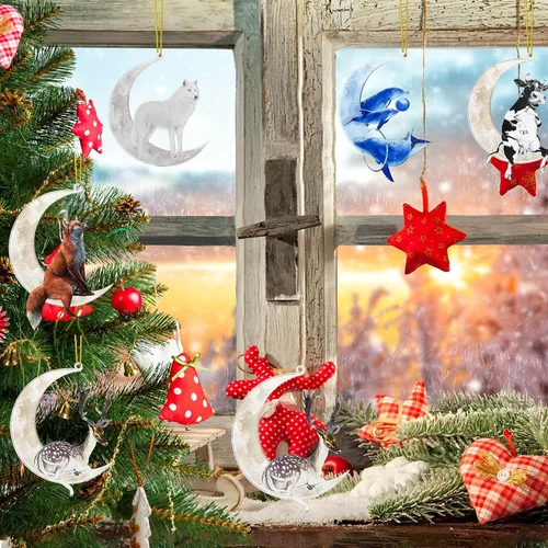 Vista 6 de Adornos para árbol de Navidad, animales sentados en la luna, colgante colgante de acrílico suave de doble impresión, para árbol de Navidad