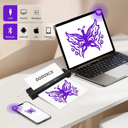 Vista 4 de Máquina impresora de plantillas de tatuajes para principiantes y artistas, con 10 piezas de papel de transferencia de tatuajes, impresora térmica
