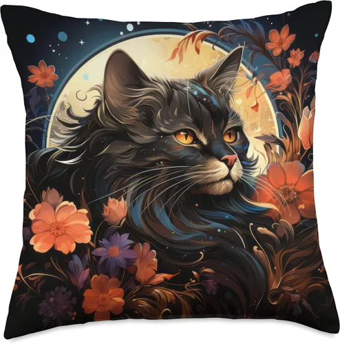 Vista 5 de Black Cat Staring Full Moon Flowers Shop Black Cat Staring - Almohada de luna llena con estrellas celestiales, 16 x 16 pulgadas, multicolor
